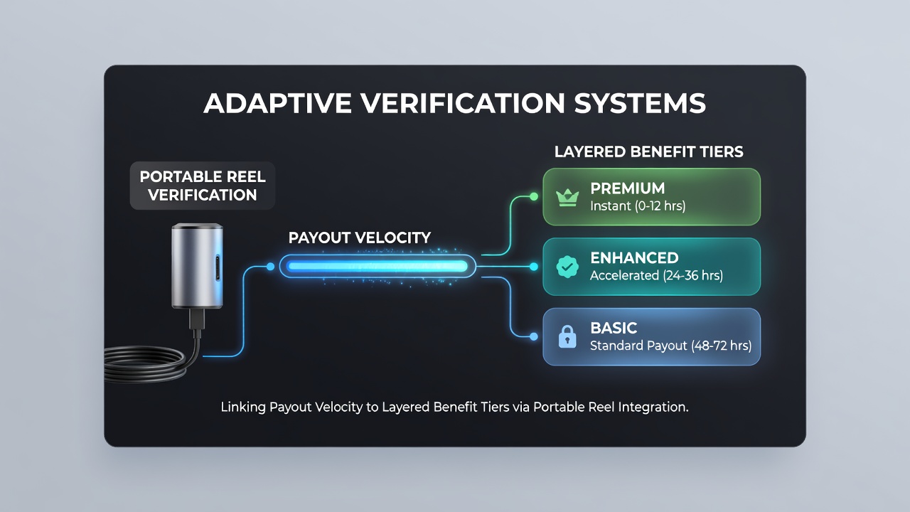 Layered benefit tier dashboard showing payout velocity metrics for portable card and reel gaming sessions