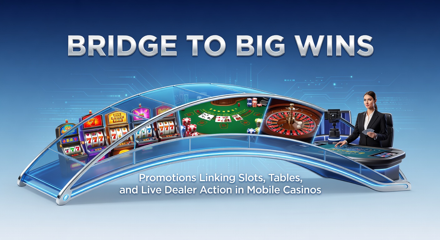 Vibrant mobile casino interface displaying interconnected promotions between slots, blackjack tables, and live roulette wheels with bonus bridges highlighted in glowing links