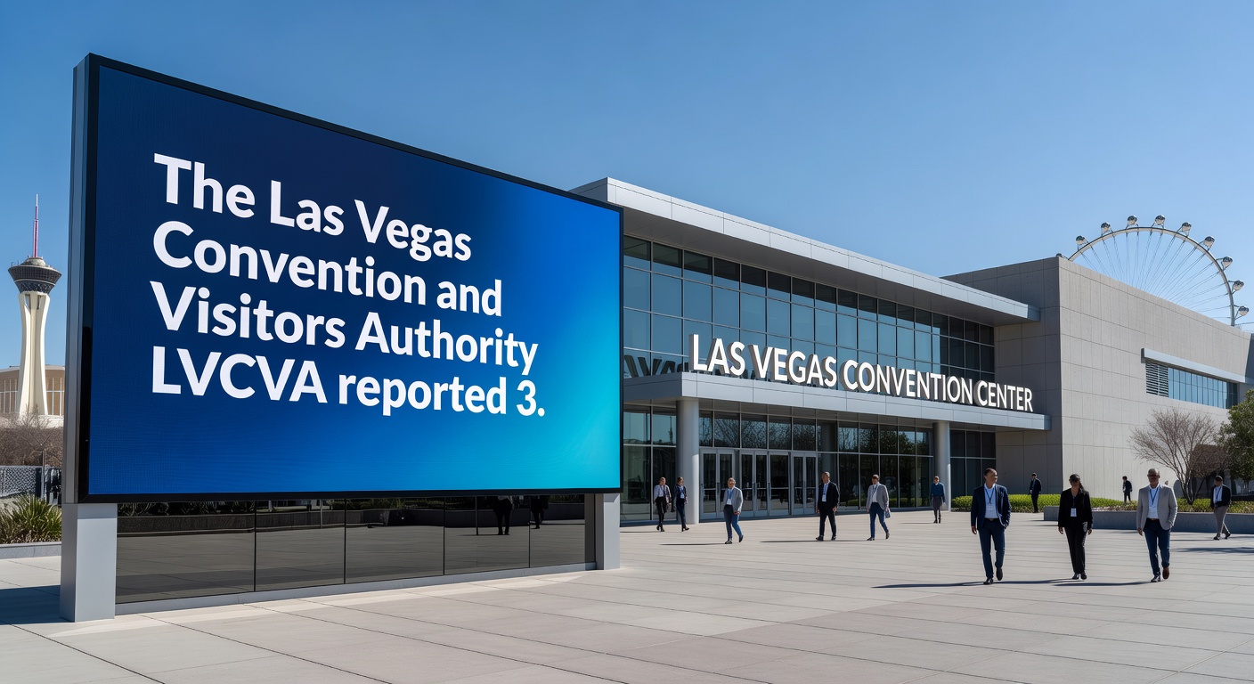 Las Vegas hotel lobby with guests checking in and event signage visible