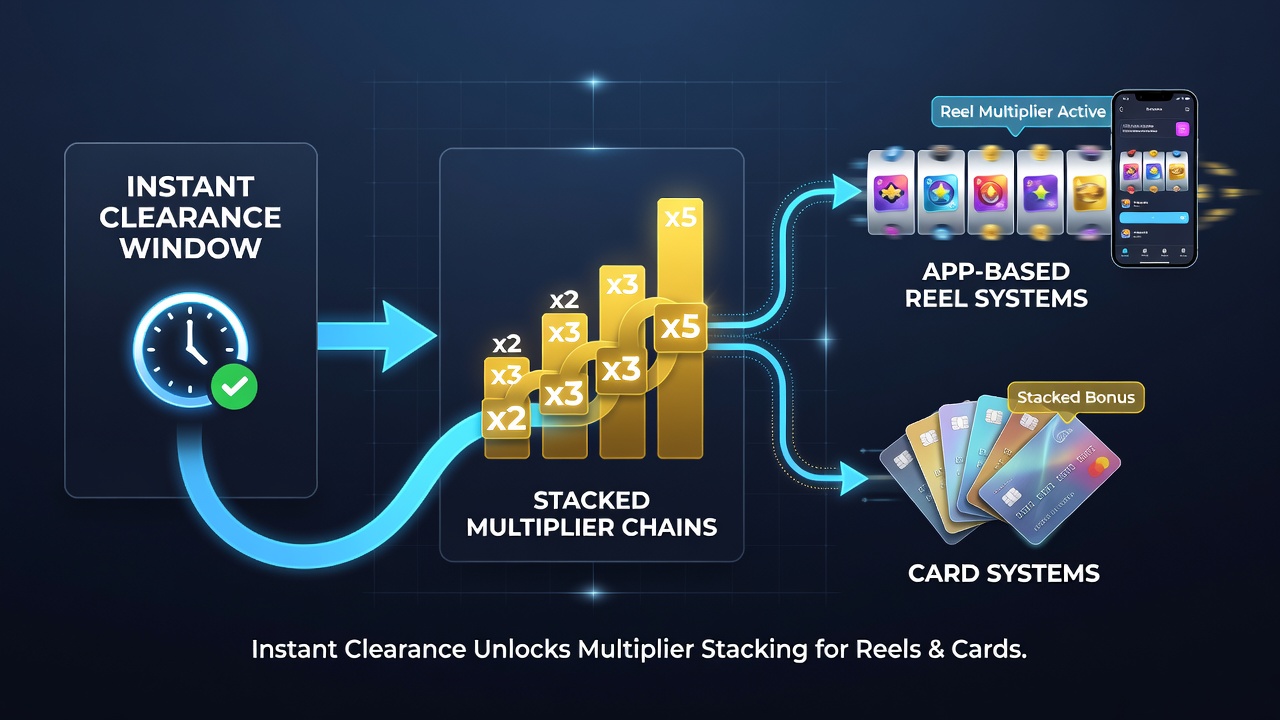 Close up of stacked multiplier indicators on a card game screen alongside transaction confirmation notices
