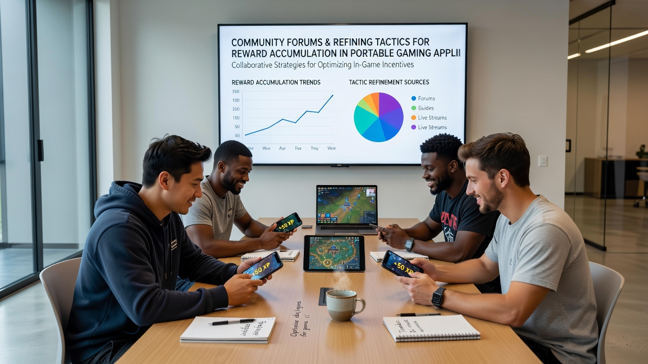 Mobile gaming community members analyzing reward accumulation data on tablets and phones