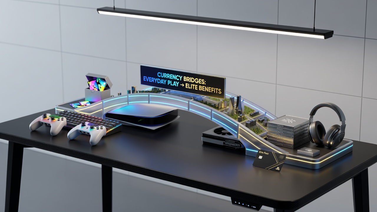 Compact gaming device displaying layered reward tiers connected through digital payment pathways