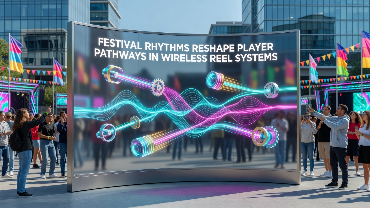 Mobile interface showing synchronized reel spins responding to festival audio cues in a wireless gaming environment