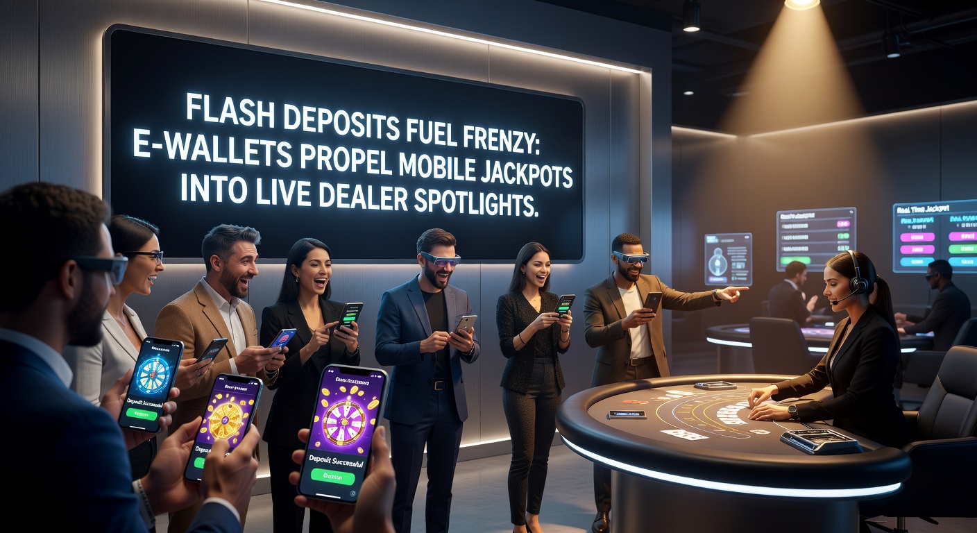 Live dealer at a blackjack table with mobile jackpot ticker exploding in payout celebration, e-wallet icons flashing nearby