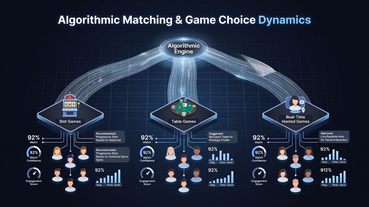 Illustration of player pathways connecting slot reels, blackjack tables, and live dealer streams through data-driven recommendation layers