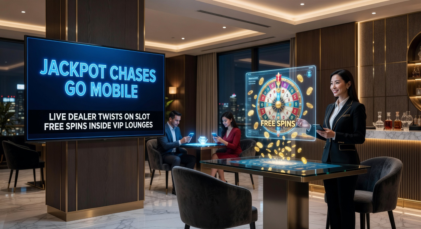 Smartphone screen displaying a live dealer interacting with a mobile jackpot slot game in a virtual VIP lounge setting, highlighting free spins and progressive jackpots