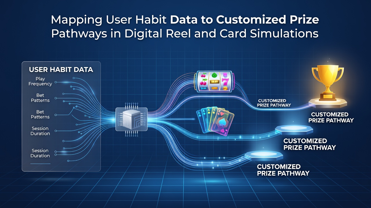 Visualization of user habit data mapping to customized prize pathways in digital reel and card simulations