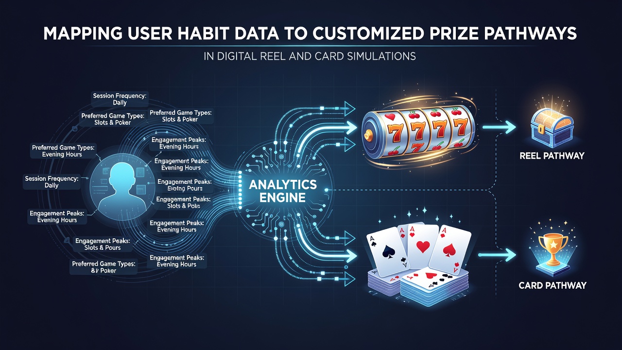 Diagram showing algorithmic mapping of user habits to prize sequences in card and reel formats