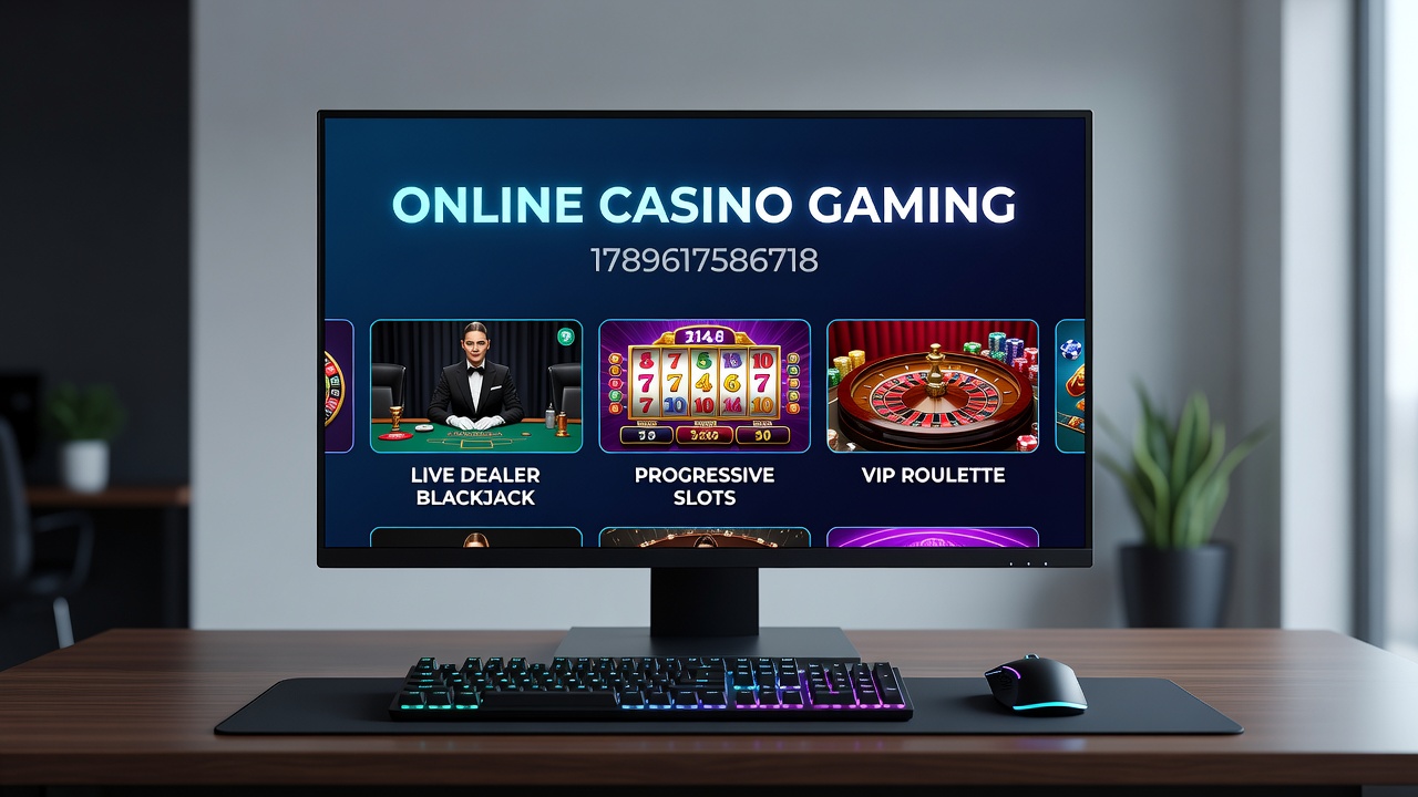 Players engaging with online casino games on various devices in a modern setting