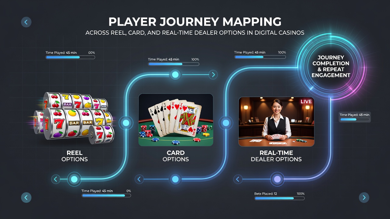 Player journey mapping visualization showing transitions between slot reels, card tables, and live dealer interfaces in digital casino environments