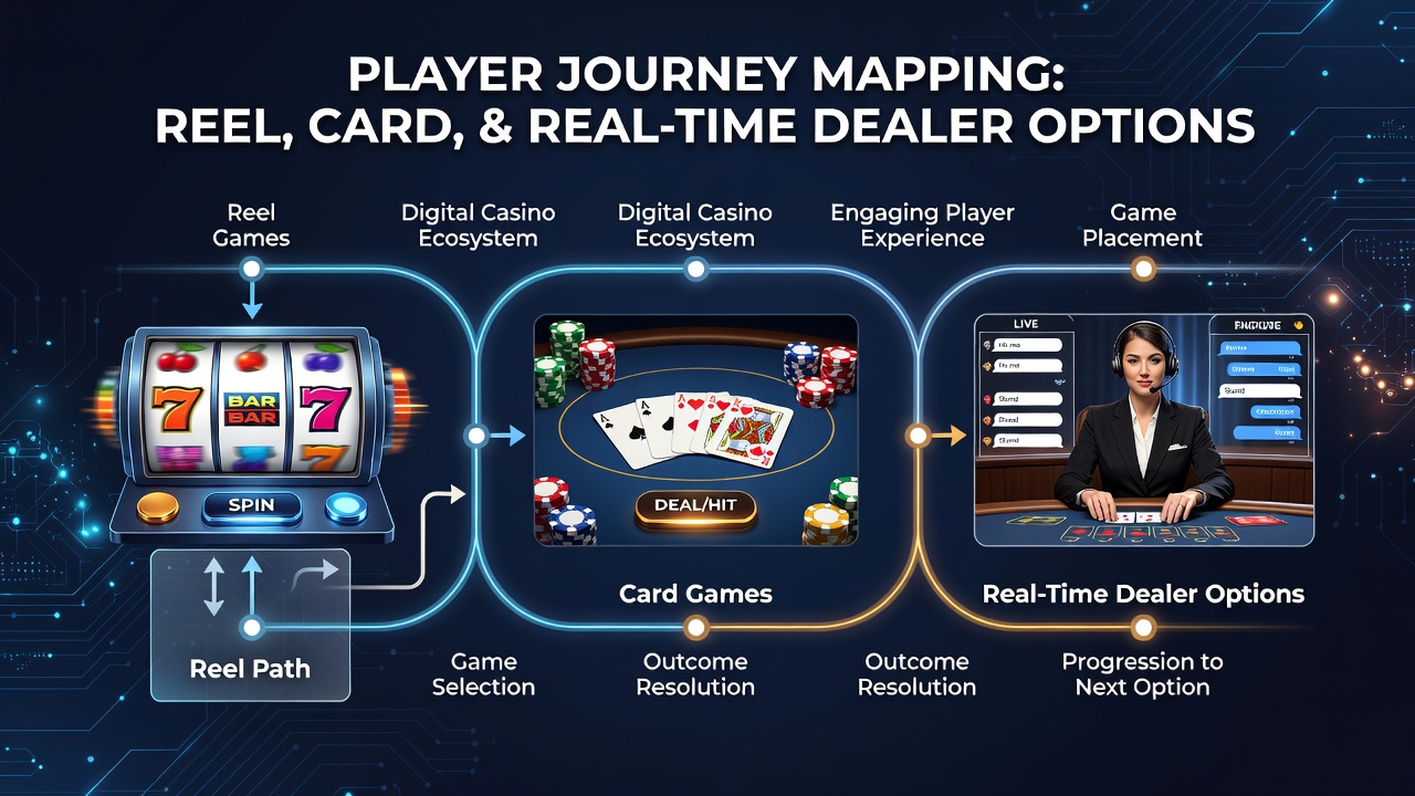 Detailed player flow diagram illustrating movement from reel slots through card tables into live dealer sessions with engagement metrics
